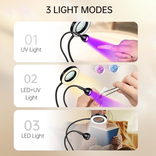 AORAEM LED UV Nail Lamp with Double-Head and 6X Magnifier, Black | Gooseneck Lamp for Gel Nails, Flash Cure Lamp for Home DIY Salon - color: Magnifier-Black