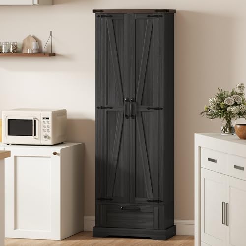 HOMCOM 71" Tall Kitchen Pantry Storage Cabinet Barn Doors Drawer Black | Farmhouse, Adjustable Shelves, Freestanding Food Pantry Cabinet, for Kitchen, Dining Room - color: Black