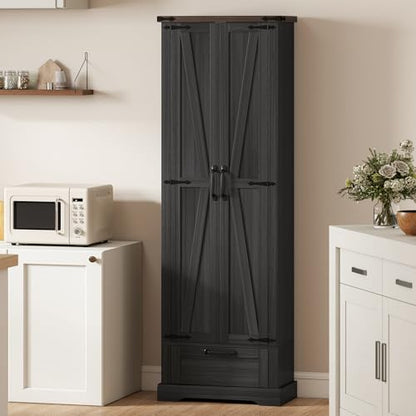 HOMCOM 71" Tall Kitchen Pantry Storage Cabinet Barn Doors Drawer Black | Farmhouse, Adjustable Shelves, Freestanding Food Pantry Cabinet, for Kitchen, Dining Room - color: Black