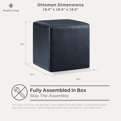 Studio Living® 18” Warren Ottoman Square Faux Leather Bench, Stationary Ottomans, Backless Chair, Footrest for Living Room, Footstool Office, Bedroom, Padded Seat, Navy Blue - color: Navy