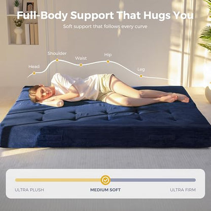 MAXYOYO Foldable Mattress, 8-Inch Tufted Futon Mattress with Handles | Tufted Floor Sofa Bed and Versatile Mattress, Carry Handles for Living Rooms or Guest Rooms, Frame Not Included, Navy - color: Navy