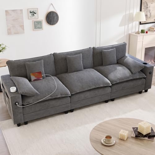 KCGKCG 116" 3-Seater Cloud Sofa, Modular Sectional Couch, Chenille Deep Seat Cloud Couch with Charging Station, Cup Holder, Side Pocket, Double Layer Seat Cushion Couches for Living Room, Grey - color: Grey, size: 116"- Loveseat