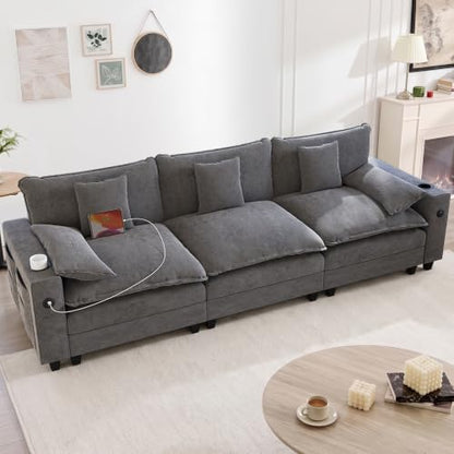 KCGKCG 116" 3-Seater Cloud Sofa, Modular Sectional Couch, Chenille Deep Seat Cloud Couch with Charging Station, Cup Holder, Side Pocket, Double Layer Seat Cushion Couches for Living Room, Grey - color: Grey, size: 116"- Loveseat