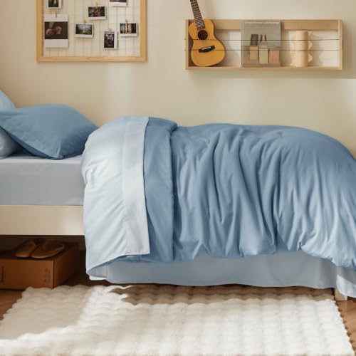 Bedsure 트윈 XL 이불 세트 블루 침대 세트 듀얼 톤 5피스 172.7cm x 223.5cm(68x88인치) | Bed in a Bag 침구 세트, 사계절용, 기숙사 필수품, 대조적인 디자인, 부드러움, 시트 포함, 통기성, 침실 - color: 04 - 그레이시 블루/베이비 블루, size: 트윈-XL