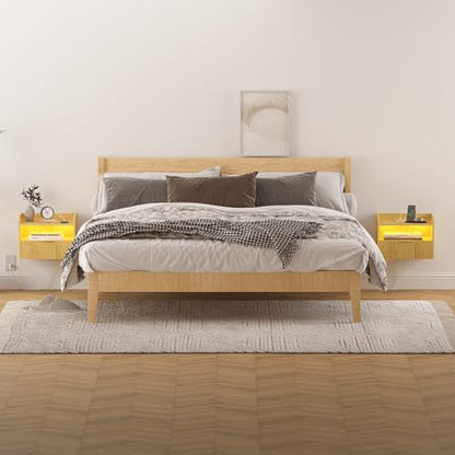 Veegle Floating Nightstand with Charging Station and LED Lights (Yellow Oak) - color: Yellow Oak