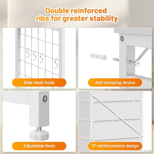 EnHomee 125cm W 드레서, 걸이용 랙 및 서랍 6개, 그리드 패널 및 후크 4개 포함 | LED 조명 및 충전 스테이션, 침실용 나무 상단 정리 유닛, 스틸 프레임이 있는 서랍장, 화이트 - color: 화이트.
