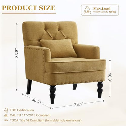 HUIMO Accent Chair, Tufted Upholstered Club Chair, Mustard Yellow | Tufted upholstered club chair with lumbar pillow and solid wood legs. Suitable for living rooms, bedrooms, and reading nooks. - color: Yellow