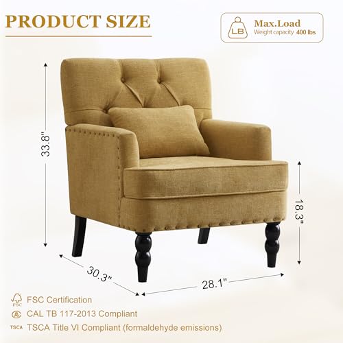 HUIMO Accent Chair, Tufted Upholstered Club Chair, Mustard Yellow | Tufted upholstered club chair with lumbar pillow and solid wood legs. Suitable for living rooms, bedrooms, and reading nooks. - color: Yellow