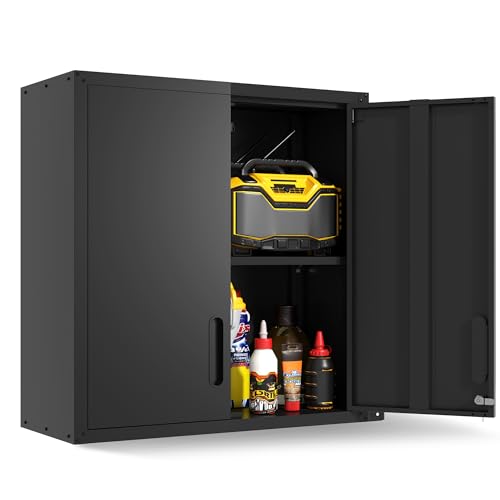 Garage Wall Cabinet,29.5" W Wall Mounted Garage Cabinets with Adjustable Shelf,Heavy Duty Lockable Metal Cabinet,Secure Hanging Tool Cabinet for Basement,Laundry Room,Basement,Workshop,Black - color: Black, size: Wall-2 Doors