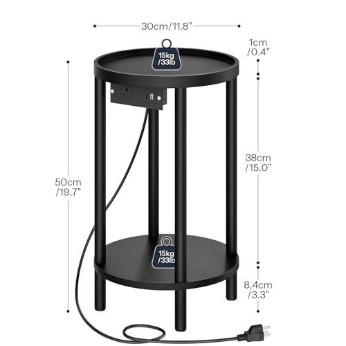 HOOBRO Small Round Side Table with Charging Station, 2-Tier Round Bamboo End Table, Compact Sofa Bedside Table for Small Space, Easy Assembly, for Living Room, Bedroom, Apartment, Black BB156UBZ01 - color: Black