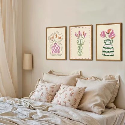 액자 보헤미안 꽃무늬 캔버스 벽 아트 3개 세트, 핑크 튤립 꽃 그림 벽 장식, 추상 식물 그림 프린트 미니멀리스트 홈 데코 미학 거실 침실 사무실용 40.6 x 61cm(16 x 24인치) - color: 핑크 튤립, size: 24"L x 16"W