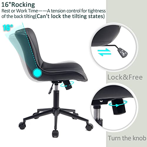 YOUTASTE Black Modern Office Chair, Armless Swivel PU Leather Desk Chair with Wheels, Height Adjustable Rolling Computer Chair with Metal Legs for Bedroom, Home Office, Study, or Vanity - color: Black