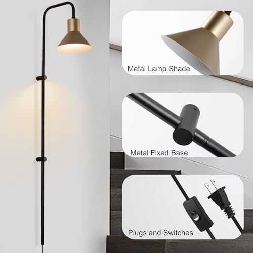 Plug in Wall sconces Set of Two with Switch, Indoor Horn Cover Wall Mounted Lamp with E26 Base, Long Wall Light for Bedroom Living Room Study Hallway Bedside（2PCS） - color: Black-2Pack
