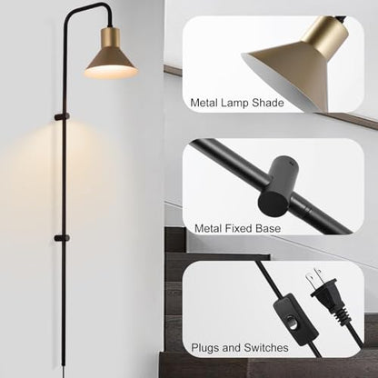 Plug in Wall sconces Set of Two with Switch, Indoor Horn Cover Wall Mounted Lamp with E26 Base, Long Wall Light for Bedroom Living Room Study Hallway Bedside（2PCS） - color: Black-2Pack