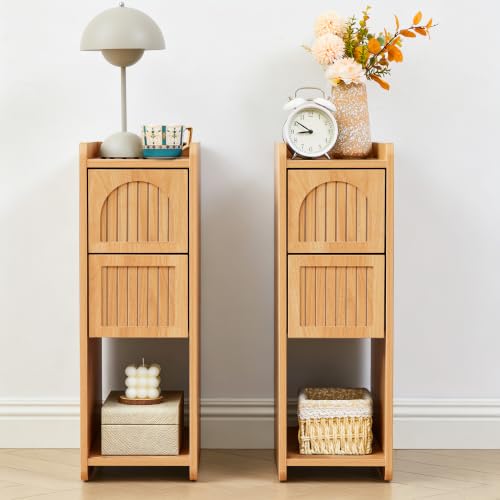Narrow Nightstand Set of 2, Wooden Small 2 Drawer Nightstand, Slim Side End Table, Skinny Bedside Table, Mid Century Modern Night Stand with Drawers for Bedroom (Yellowish Natural) - color: Yellowish Natural
