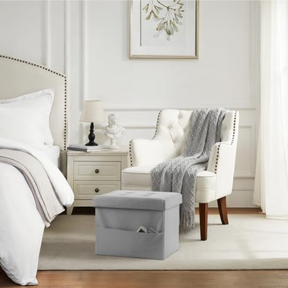 Bsketa Storage Ottoman Bench,17 Inch Folding Leather Foot Rest Stool, Grey | Small Ottoman with Side Pockets, Thicker Foam Padded Seat, Livingroom, Dorm, Bedroom, Easy to install, 43L,17x13x13in - color: Grey-with Side Pockets.