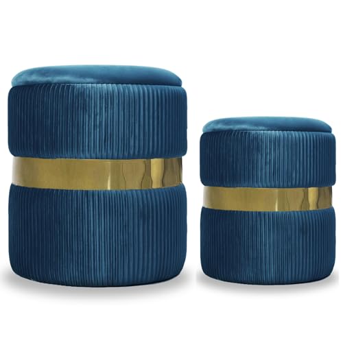 YYW HOME Blue Round Ottoman with Storage Set of 2 Vanity Stool Foot Rest with Removable Lid Blue Velvet Storage Ottoman Stool for Living Room and Dorm (Gold and Blue) - color: Gold and Blue