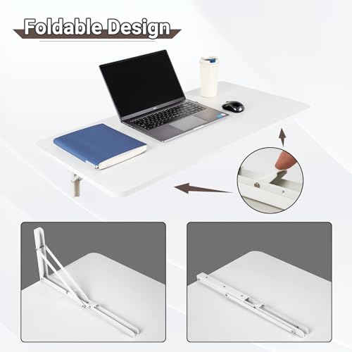 Neoaider Wall Mounted Folding Table 39.4”L x 19.7”W, White | Laundry Folding Table with Heavy Duty Metal Collapsible Shelf Brackets, Wall Mounted Desk Fold Down for Small Spaces - color: White, size: 39.4" x 19.7"