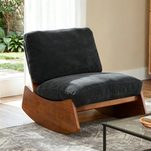Armless Rocking Chair, Upholstered Glider Lounge Chair, Dark Gray | Comyf Chenill, Curved Solid Wood Base, for Living Room, Bedroom - color: Dark Gray