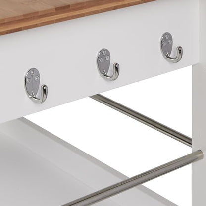 Kitchen Island Cart on Wheels, White Base, Natural Bamboo Top | Drawer, Storage Cabinet, Shelf, Butcher Block - color: White Base