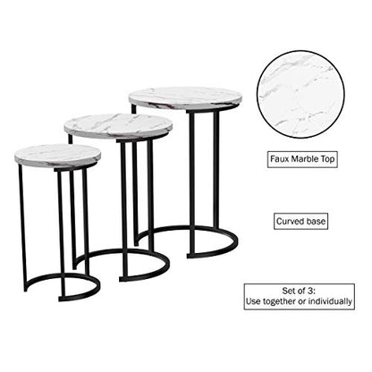 Lavish Home Round Nesting Tables Set of 3, Faux Marble Tabletop, White | 25”H / 22.5”H / 20.25”H Modern Side Tables, Space Saving Accent Table Set, for Living Room, Bedroom, Dorm or Home Office - color: White Marble