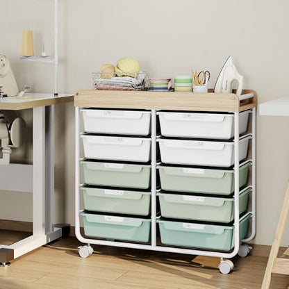 10 Drawer Rolling Storage Cart with Wood Top for Classroom Crafts Green | Easy Setup, Large Capacity, Sturdy Build, Lockable Mobility, For office, classroom and home supplies - color: Green