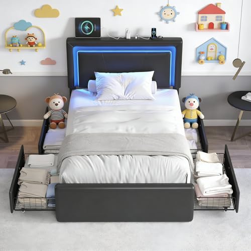 Twin Size Bed Frame with 4 Storage Drawers, Upholstered Headboard, Black | Modern Bed, Charging Station, LED Light, Adjustable Height Headboard, Noise-Free, No Box Spring Needed, Easy Assembly - color: Black, size: Twin