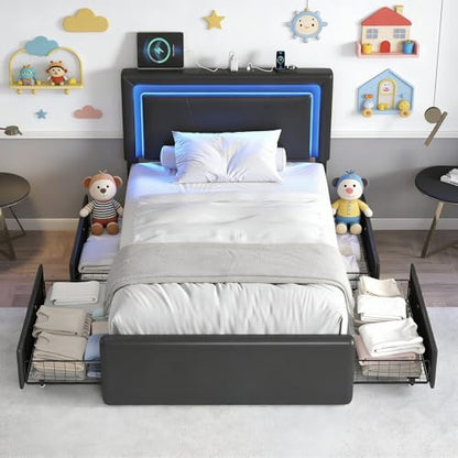 Twin Size Bed Frame with 4 Storage Drawers, Upholstered Headboard, Black | Modern Bed, Charging Station, LED Light, Adjustable Height Headboard, Noise-Free, No Box Spring Needed, Easy Assembly - color: Black, size: Twin