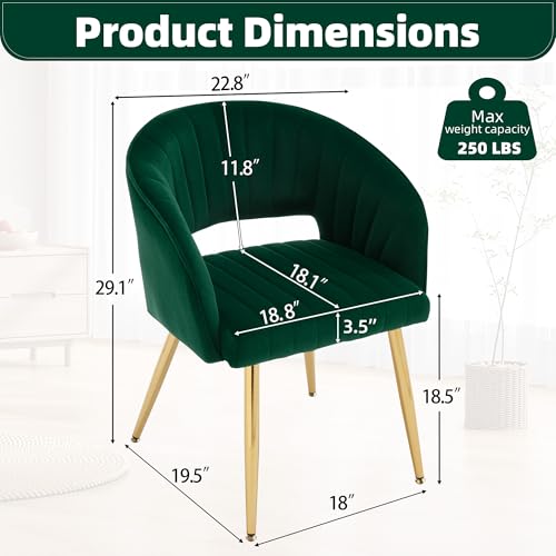 Velvet Home Office Desk Vanity Chair, No Wheels, Gold Legs, Green | Modern Accent Chair with Stylish Stripe Design, Spacious‌ Soft Seat for Girls & Women Bedroom Makeup or Nail Table - color: Green Velvet, No Wheels