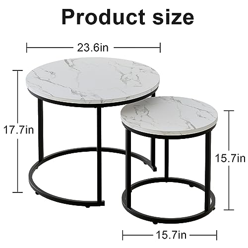 aboxoo Round Nesting Coffee Table Side Table Set of 2 End Tables for Living Room Bedroom Balcony, White Faux Marble Wooden Table Accent Coffee Table with Black Steel Frame - color: White Marble