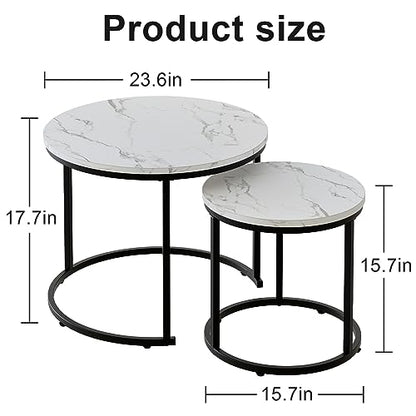aboxoo Round Nesting Coffee Table Side Table Set of 2 End Tables for Living Room Bedroom Balcony, White Faux Marble Wooden Table Accent Coffee Table with Black Steel Frame - color: White Marble