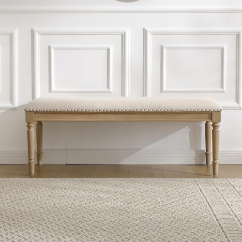 46'' French Country Entryway Bench Wooden Linen Fabric Upholstered Seat Dinng Bench with Nailhead Trim for Hallway End of Bed, Beige - color: Linen, Beige, Nailhead Trim