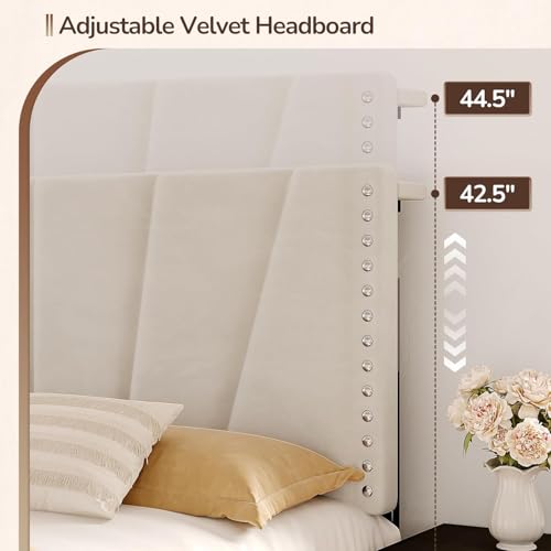 EnHomee Queen Bed Frame with LED Lights & USB, Noise-Free, Beige | Adjustable Velvet Headboard,Under-Bed Space, Heavy Duty Support with 12 Slats, No Box Spring Needed, Easy Assembly - color: Beige, size: Queen (U.S. Standard)