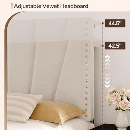 EnHomee Queen Bed Frame with LED Lights & USB, Noise-Free, Beige | Adjustable Velvet Headboard,Under-Bed Space, Heavy Duty Support with 12 Slats, No Box Spring Needed, Easy Assembly - color: Beige, size: Queen (U.S. Standard)