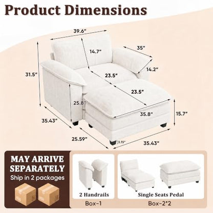 JUMMICO 40" Chaise Lounge Chair with Ottoman, Single Sofa Chair, White | Comfy Chenille, Double Layer Cushion, Wide Armrest, Deep Seat, High-Density Foam, Reading Chair for Living Room - color: White, size: Single Sofa Chair