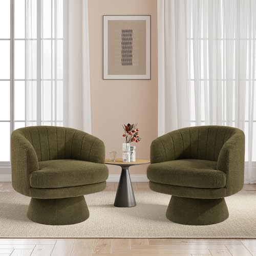 Swivel Accent Chair with Armrest, Modern 360 Degree Swivel Barrel Chair with Curve Back and Soft Cushion,Comfy Round Sherpa Teddy Armchair Single Sofa for Living Room,Bedroom, Green - color: Green