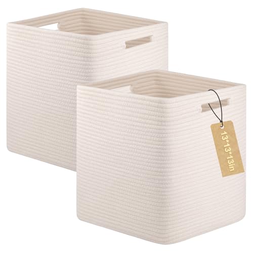 OIAHOMY 2 PACK Cube Storage Bin 13 Inch Collapsible Storage Cube White | Cube Storage Organizer Storage Bins for Shelves Baskets for Organizing Woven Rope Storage Baskets - color: White, size: 2Pcs-13*13*13inch