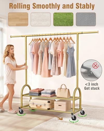 Heavy Duty Clothes Rack for Hanging Clothes Load 556 LBS, Height Adjustable Rolling Clothing Racks, Portable Metal Coat Rack Garment Wardrobe with Wheels and Shelves for Bedroom Laundry, Gold - color: Gold, style: 2 Shelves