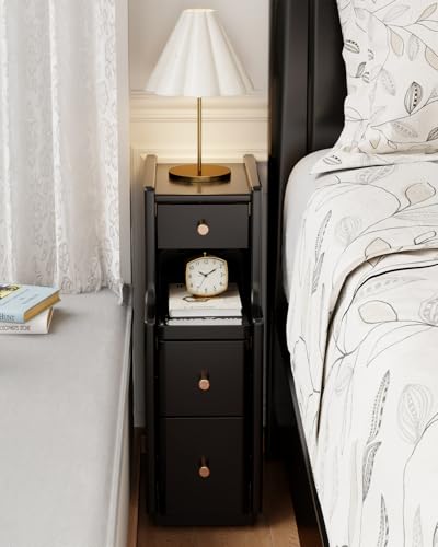 Solid Wood Narrow Nightstand with 3 Drawers,Modern Black,Fully Assembled | Narrow night stand,gold handles,open Shelf,skinny bedside table,slim nightstand for bedroom storage,space-saving storage - color: Black（15.75"d X 7.87"w X 23.62"h）