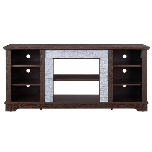 Cherry 58 Inch TV Stand for TVs up to 65 inch, Wood Entertainment Center with Faux Stacked Stone Surround and Open Storage, Media Console with 6 Cable Management Holes for Living Room - color: Cherry-a