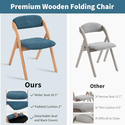 Folding Chairs with Cushion Padded Foldable Chiars 4 Pack | Wooden Dining Seat with Removable Cover Extra for Guests Kitchen Office Wedding Party Picnic, Smog Blue - color: Smog Blue, size: 4PCS
