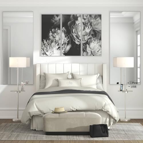 360 Lighting Caper 60 1/2" Tall Tray Table USB Floor Lamps Set of 2 | Modern 5 with and AC Power Outlet Brushed Nickel White Fabric Drum Shades Living Room Reading House Bedroom - color: Silver