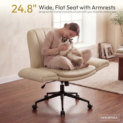 Dowinx Criss Cross Chair with Five-Level Adjustable Arms and Wheels - Comfortable Ergonomic PU Leather Swivel Vanity Chair - Computer Makeup Gaming Chair for Home Office, Bedroom, Vanity Room (Khaki) - color: Light Khaki