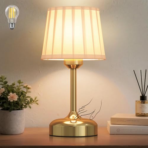 Mini Cordless Table Lamp, Battery Operated Lamp 5000mAh Rechargeable Table Lamp Small Touch Lamp Fabric Shade Dimmable Bedside Lamps for Bedroom, Living Room, Dining Room - color: Gold-1 Pc