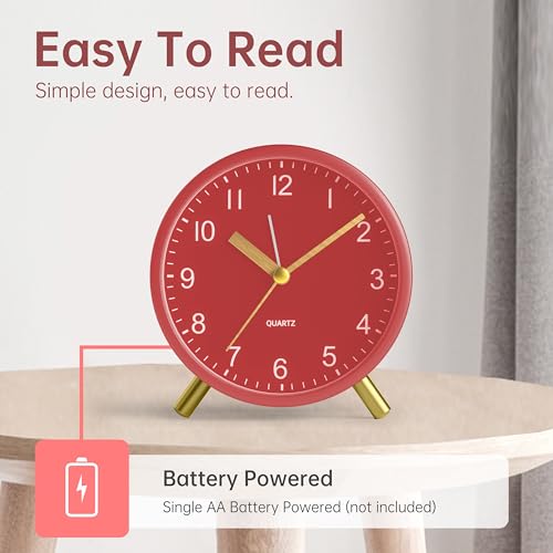 JALL Analog Alarm Clock, 4 inch Super Silent Non Ticking Small Clock with Night Light, Battery Operated, Simple Design, Easy Setting for Office, Bedroom, Bedside, Desk, Teens, Elders, Adult, Red - color: Red+gold
