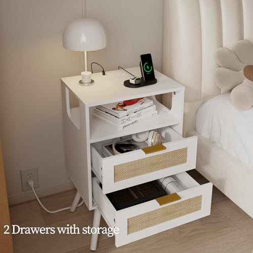Rattan Nightstand with Charging Station,Farmhouse Bedside Table with 2 Storage Drawer and Open Wood Shelf, for Bedroom and Small Spaces,Night Stand with Solid Wood Legs (White-Outlet) - color: White-outlet