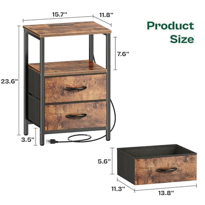Huuger Night Stand with Charger Station and LED Lights, 2 Drawer Nightstand | Bed Side Table with Open ShelfEnd TableFabric Dresser for Bedroom, Rustic Brown - color: Rustic Brown, size: 11.8"D x 15.7"W x 23.6"H（2 Drawers）