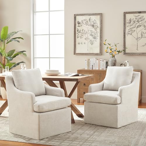 VKNOW Upholstered Dining Chairs Set of 2, Dining Room Chairs with Casters | Modern Rolling Dining Chairs with Armrest, Soft Chenille Fabric, Washable Cover, Easy Assembly, Living Room, Bedroom, Cream - color: Cream, size: 2
