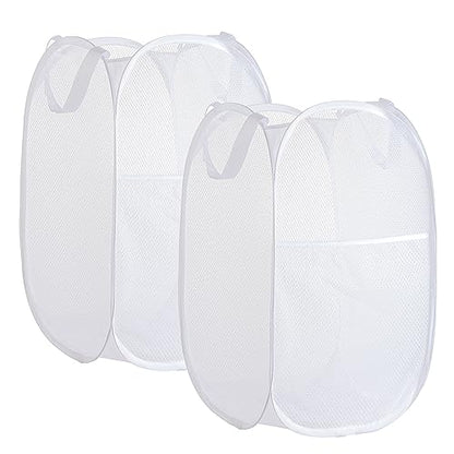 Collapsible Mesh Laundry Basket，Pop Up Laundry Hamper-Easy Storage, Ideal for Home and Travel Use (2 white)