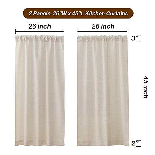 Valea Home Linen Kitchen Curtains 45 Inch Length Rustic Farmhouse Crude Short Cafe Curtains Rod Pocket Tiers for Small Window Bathroom Basement, Natural, 2 Panels - size: 26"W x 45"L (Pack of 2)